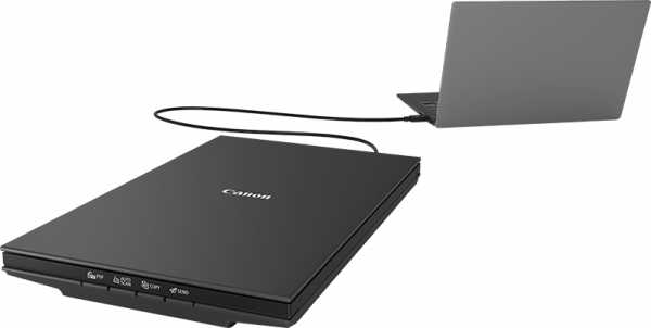 CanoScan LIDE 300 preto com um computador do lado direito