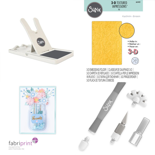 Acessórios Sizzix: base de corte, pasta de embossing 3D, shaker dome e ferramentas de precisão.