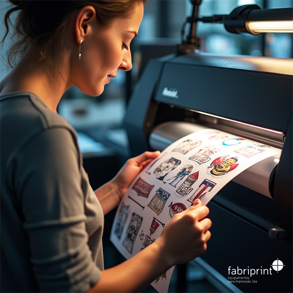 Mulher a laminar autocolantes numa máquina Fabriprint.