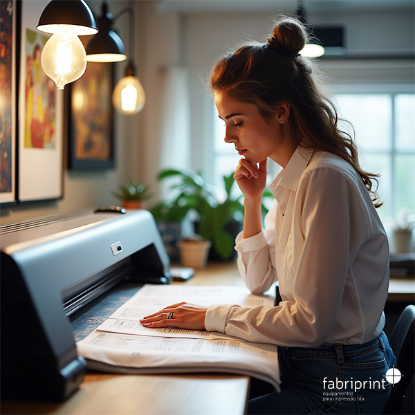 Mulher a analisar impressões junto a uma laminadora Fabriprint em ambiente de escritório.