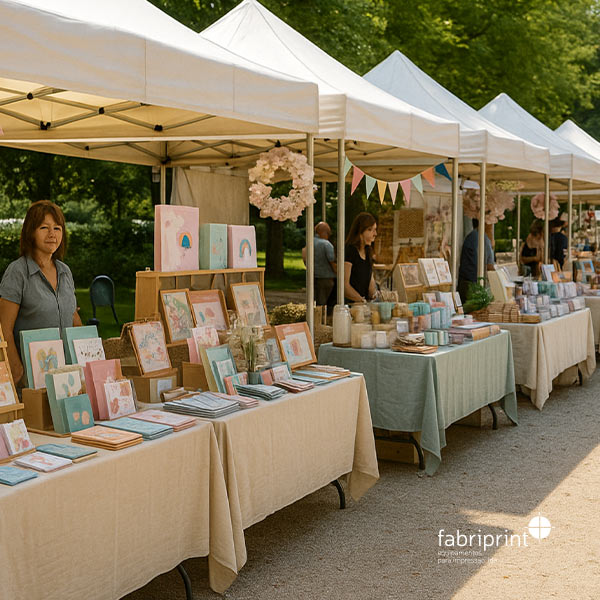 Feira de artesanato ao ar livre com vários stands de artigos personalizados.