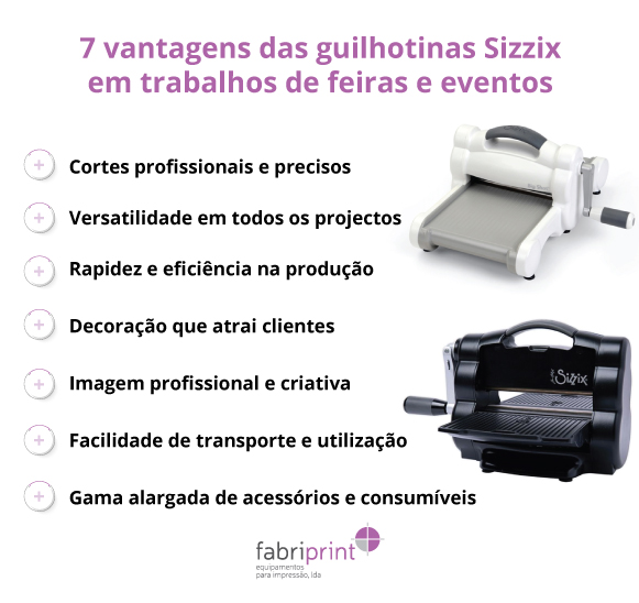 Lista das 7 vantagens das guilhotinas Sizzix para feiras e eventos, com imagens dos equipamentos.