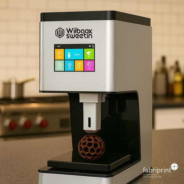 Impressora 3D alimentar Wiiboox Sweetin sobre bancada de cozinha profissional