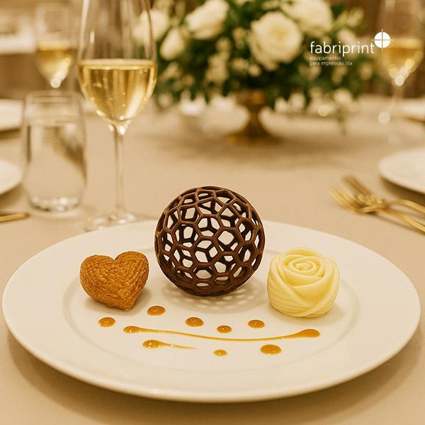 Casa em chocolate branco feita com impressoras 3D alimentares para sobremesas artísticas.