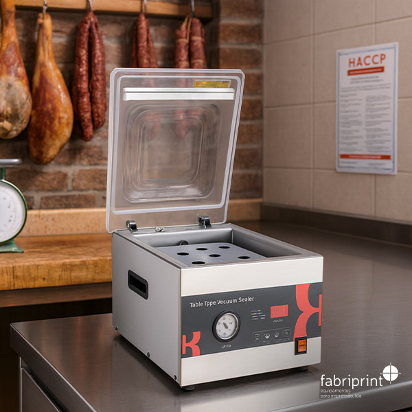 Seladora a vácuo em aço inox, design robusto e elegante para embalagens higiénicas e duradouras.