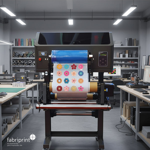 Impressora UV DTF em linha de produção, com ecrã ativo e bancada técnica, adequada para produções em série e personalização profissional.