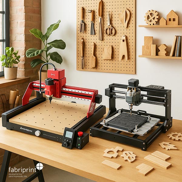 Fresadora CNC com ferramentas de madeira e acessórios artesanais em fundo, mostrando aplicações criativas e profissionais.